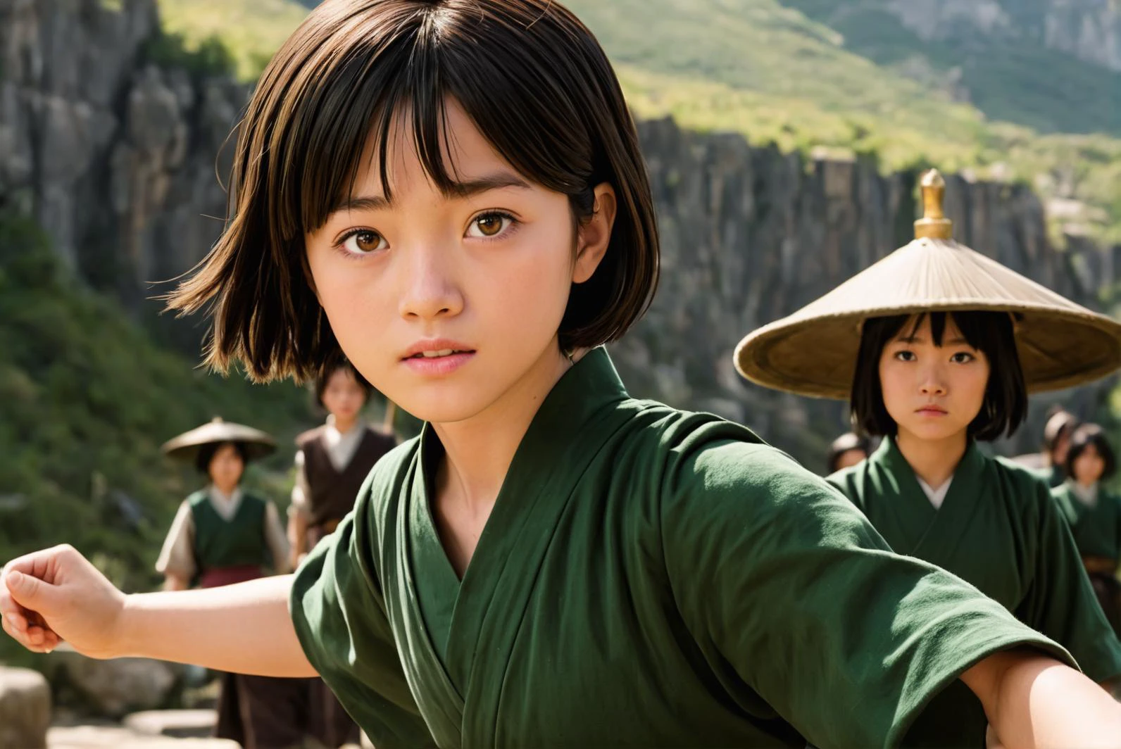 1girl, Avatar the last airbender, live-action, epic, earth kingdom, Toph Beifong, earthbending, , motion, action, cinematic, solo,
detailed skin, photorealistic, movie still,