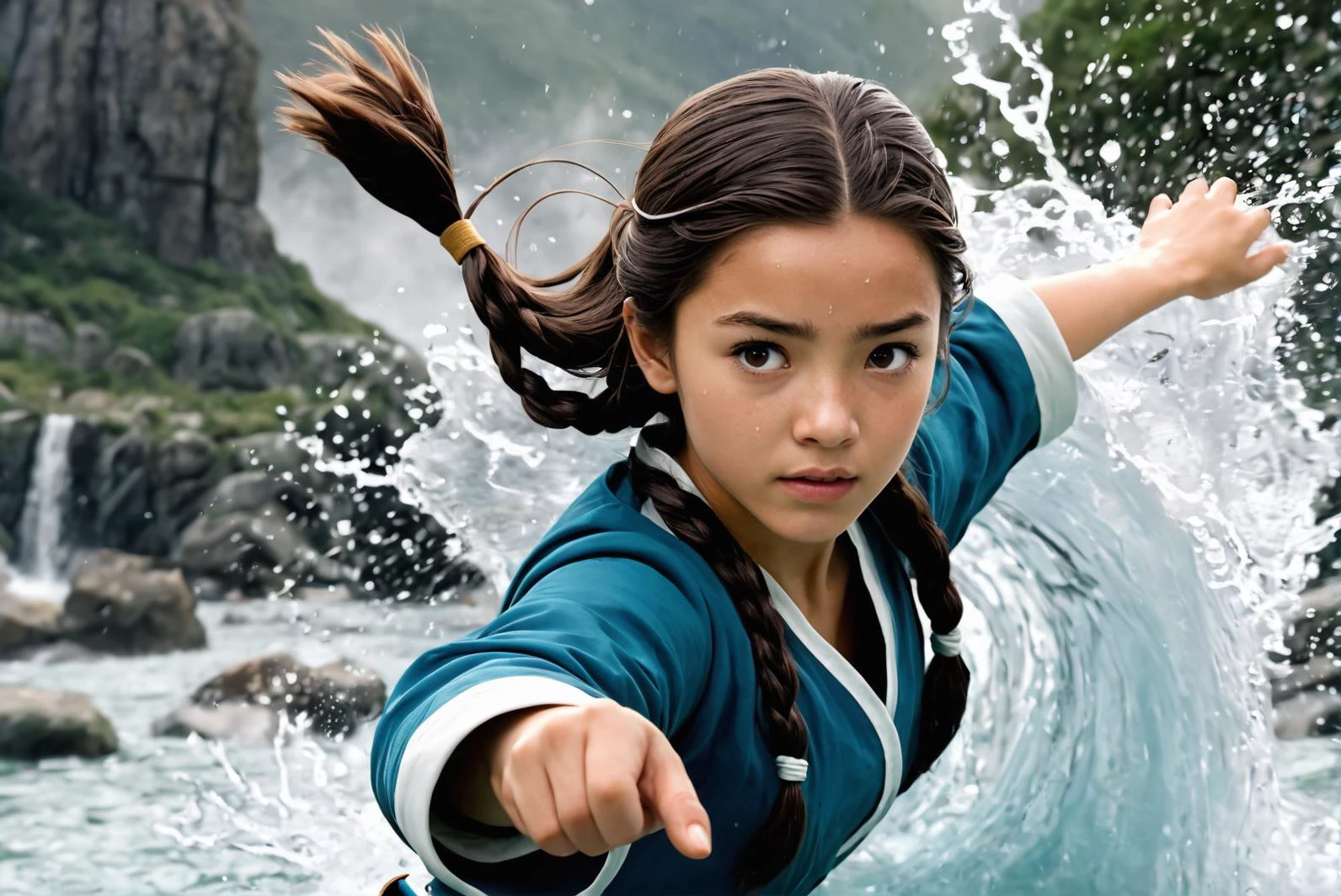 1girl, Avatar the last airbender, live-action, epic, water tribe, katara, water bending, , motion, action, cinematic, solo, inuit,
detailed skin, photorealistic, movie still,
