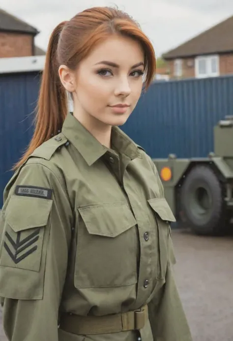 18 year old medium build, British woman. Military fatigues. Short auburn hair in a ponytail.