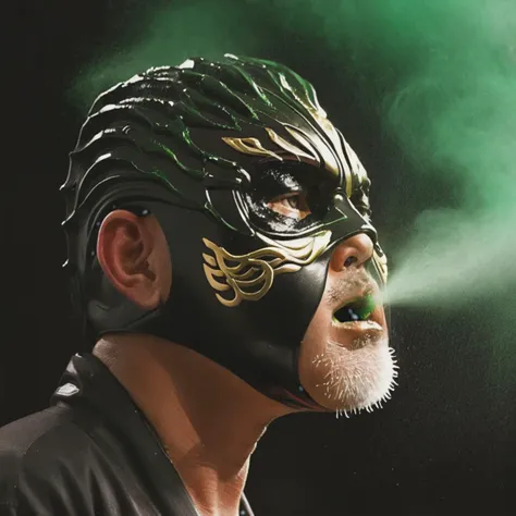 Vibrant Rim Light,  <lora:Mutoh:1> a man, gold mask, black gi, spitting green mist, back lighting, beautiful lighting, colored rim light, high contrast