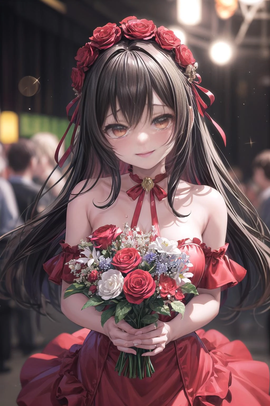 (masterpiece:1.3), (best quality:1.3), (ultra-detailed:1.3), illustration, solo, indoors, theater, light particles, sparkle, lens flare, bokeh, blurry background, black hair, long hair, brown eyes, middle breasts, black thighhighs, hair ornament, hairband, ribbon choker, looking up, upper body,(idol, idol costume, red costume, bouquet, smile, tears:1.2),<lora:flat2:-1>