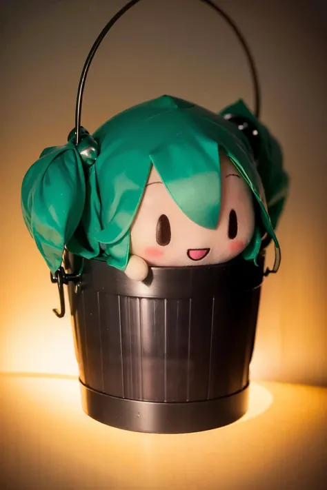 masterpiece, best quality, <lora:kisume:1>,fu1fu,character doll,chibi,1girl,kisume,green hair,twintails, hair bobbles,bucket,in bucket,japanese clothes, wood bucket