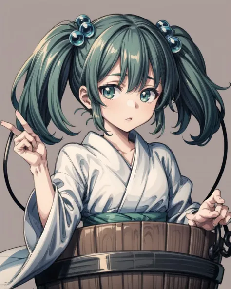 <lora:kisume:1>,kisume,1girl,green hair,hair bobbles,twintails, green eyes,japanese clothes,kimono,in bucket,bucket, in container,grey background, <lora:add_detail:1> , masterpiece, best quality,