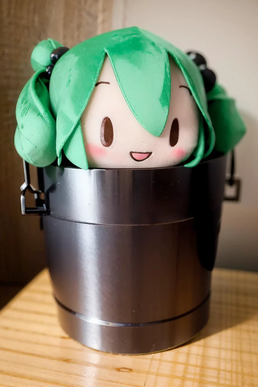masterpiece, best quality, <lora:kisume:1>,fu1fu,character doll,chibi,1girl,kisume,green hair,twintails, hair bobbles,bucket,in bucket,