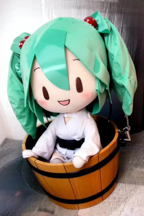 masterpiece, best quality, <lora:kisume:1>,fu1fu,character doll,chibi,1girl,kisume,green hair,twintails, hair bobbles,bucket,in bucket,japanese clothes, wood bucket