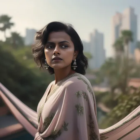ShraddhaSrinath, photograph, Ridiculous plump Salvadoran (Woman:1.1) , Hang gliding, Graceful hair, Quiff hairstyle, background is The Hanging Gardens of Babylon, Sun in the sky, soft focus, Printcore, volumetric lighting, film grain, Phase One XF IQ4 150MP, Selective focus, art by Gottfried Helnwein,  <lora:ShraddhaSrinathSDXL:1>