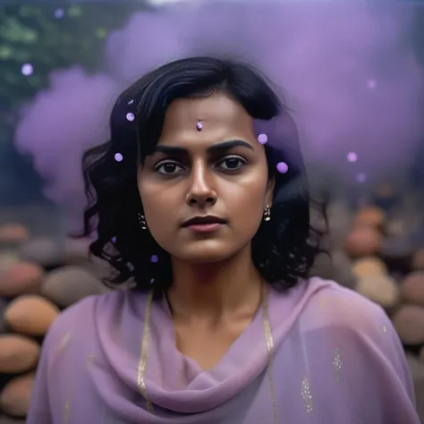 ShraddhaSrinath, (art by Alfred Eisenstaedt:1.0) , photograph, Tasteless Girl, Foggy, deep focus, Cel shaded, film grain, compact camera, 35mm, Light sparkles, Vibrant and fluorescent purple dust particles, <lora:ShraddhaSrinathSDXL:1>