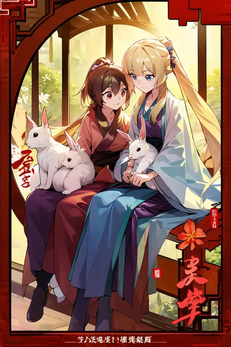 masterpiece,best quality,PIXIV,
fenglingyuxiu,rabbit,multiple girls,2girls,long hair,brown hair,sitting,smile,ponytail,blue eyes,blonde hair,open mouth,very long hair,flower,on lap,animal,red eyes,hair ornament,
<lora:fenglingyuxiu:0.8>,