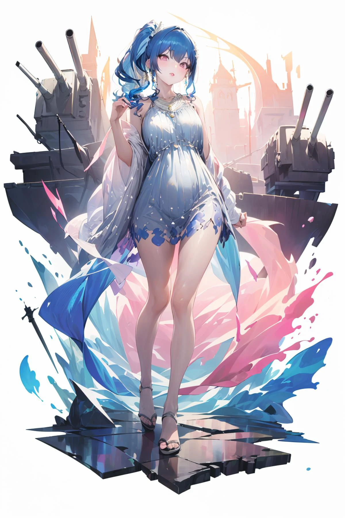[(white background:1.5)::5],(full body:1.2),(((masterpiece))),(((best quality))),(((extremely detailed))),illustration,who,
(luxurious wheels\) \(azur lane\),hair ornament,blue hair,pink eyes,earrings,necklace,portrait,(silver dress:1.5),revealing clothes,looking at viewer,solo,side ponytail,
<lora:stLouisLuxuriousWheels_v1:0.7>,<lora:ç«ç»:0.8>,