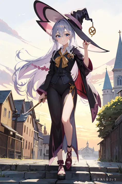 (masterpiece:1.2),best quality,PIXIV,who,
fantasy,fantasy world,castle,medieval,full body,
1girl,Elaina,white hair,huge Silly hair,witch hat,