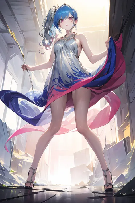 [(white background:1.5)::5],(full body:1.2),(((masterpiece))),(((best quality))),(((extremely detailed))),illustration,from below,who,
(luxurious wheels\) \(azur lane\), hair ornament,blue hair, pink eyes,earrings, necklace, portrait, (silver dress:1.5), revealing clothes, looking at viewer, solo,side ponytail,
<lora:ç«ç»:0.7>,<lora:stLouisLuxuriousWheels_v1:0.7>,