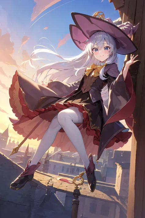 (masterpiece:1.2),best quality,PIXIV,anime,who,
fantasy,fantasy world,castle,medieval,full body,
1girl,Elaina,white hair,huge Silly hair,witch hat,