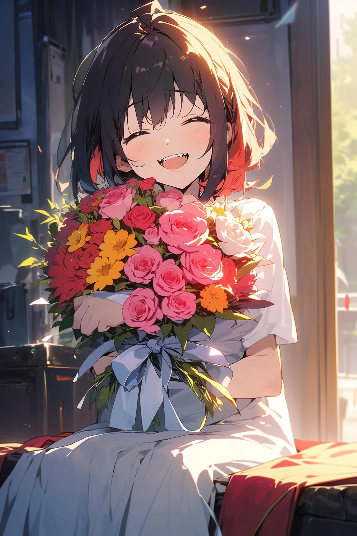 (masterpiece:1.2),best quality,
flower,bouquet,closed eyes,no humans,open mouth,sitting,holding,fangs,smile,holding bouquet,ribbon,cat,pink flower,blush,petals,red ribbon,animal focus,yellow flower,happy,holding flower,solo,^_^,facing viewer,rose,
<lora:cozy anime_20230630155224:0.9>,