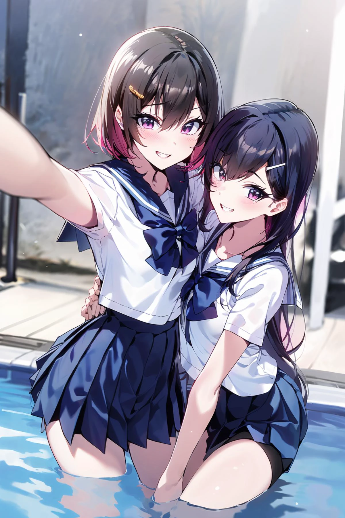 yuri , multiple girls, 2girls, skirt, school uniform, purple eyes, smile, selfie, outdoors, holding, black hair, v, pleated skirt, shirt, long hair, phone, brown hair, blue skirt, hose, white sailor collar, white shirt, brown eyes, sailor collar, day, cellphone, holding phone, short sleeves, serafuku, bangs, water, short hair, looking at viewer, sky, broom, grin, pool, cloud, hair ornament, bow, :d, open mouth, hair between eyes, blush, blue bow, collarbone, blue sky, smartphone, holding broom, locked arms, tree, hairclip<lora:yuri_20230918155120:1>