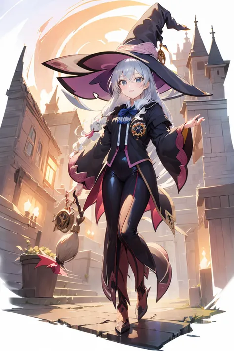 [(white background:1.5)::5],(full body:1.2),(((masterpiece))),(((best quality))),(((extremely detailed))),illustration,from below,who,
fantasy,fantasy world,castle,medieval,full body,
1girl,Elaina,white hair,huge Silly hair,witch hat,<lora:ç«ç»:0.8>,