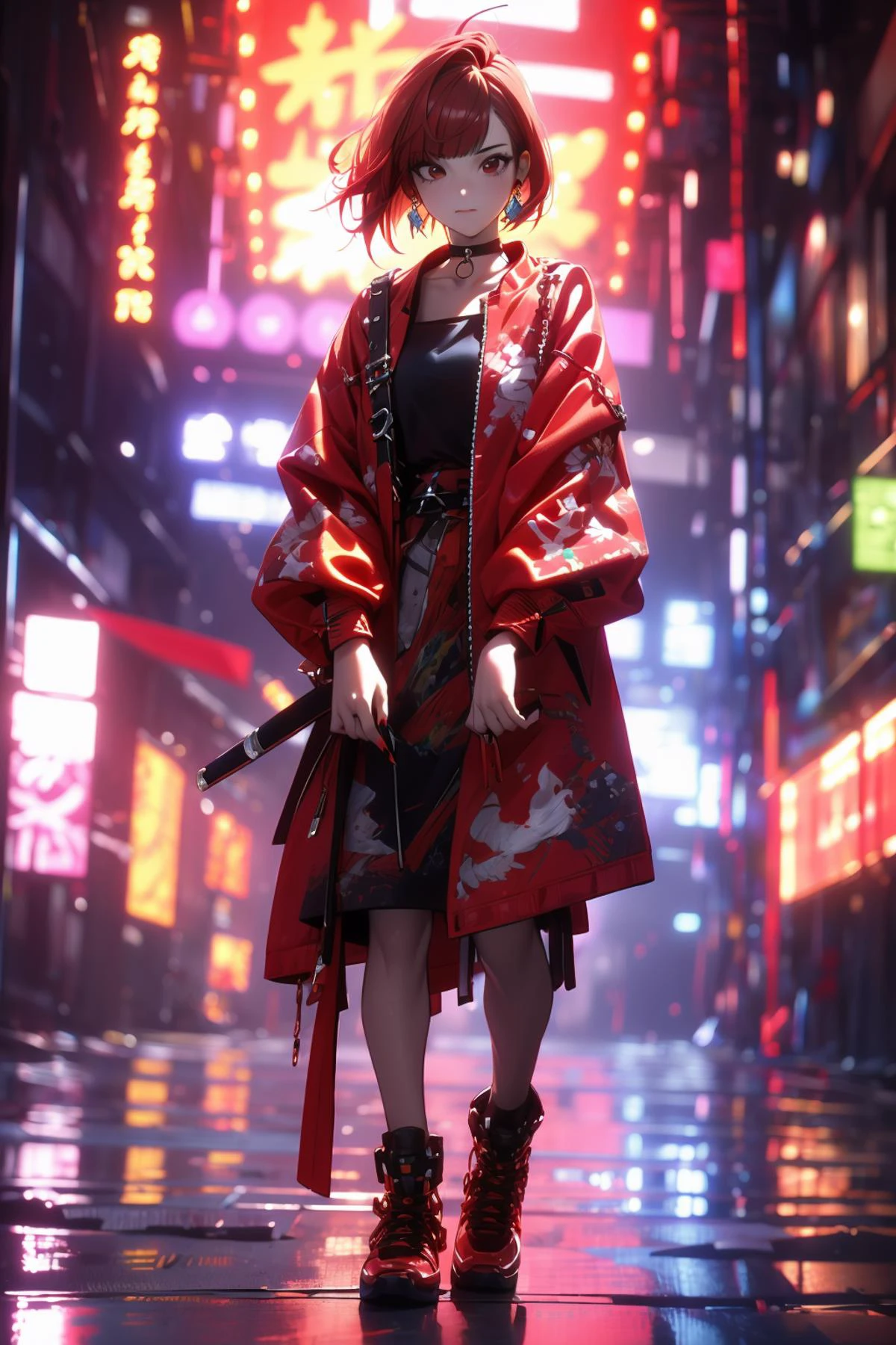 (masterpiece:1.2), best quality,cg,3d, Samurai girl,
1girl, red eyes, earrings, solo, multicolored hair, jewelry, looking at viewer, blurry, full body, bangs, red hair, jacket, standing, blurry background, choker, short hair, long sleeves, red nails, closed mouth, red footwear, floral print, red jacket, streaked hair,katana
<lora:æ¦å£«å°å¥³:1>