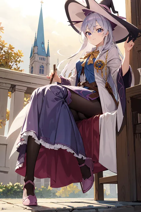 (masterpiece:1.2),best quality,PIXIV,who,
fantasy,fantasy world,castle,medieval,full body,
1girl,Elaina,white hair,huge Silly hair,witch hat,