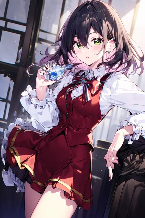 masterpiece, best quality,PIXIV,
1girl, solo, shirt, green eyes, long sleeves, indoors, white shirt, skirt, holding, bow, vest, brown hair, short hair, perfume bottle, bowtie, looking at viewer, red skirt, bangs, parted lips, puffy sleeves, bottle, knife, jar, yellow bow, clock, collared shirt, wavy hair, brown bow, frills, blush, red vest, juliet sleeves, standing, hair between eyes, gem, braid, jewelry
<lora:nardack_20230801103151:1>,