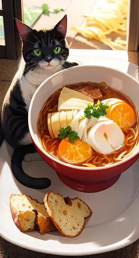 who, A ((Full Shot of 1cat)), look at the camera, ramen shop as background