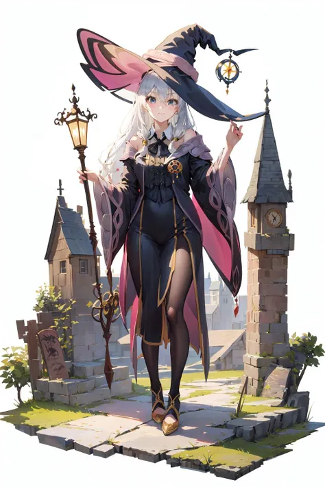 [(white background:1.5)::5],(full body:1.2),(((masterpiece))),(((best quality))),(((extremely detailed))),illustration,from below,who,
fantasy,fantasy world,castle,medieval,full body,
1girl,Elaina,white hair,huge Silly hair,witch hat,<lora:ç«ç»:0.7>,