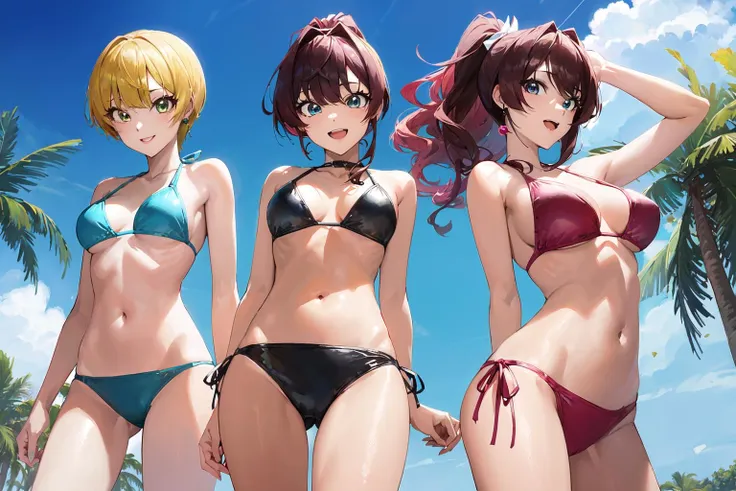 (masterpiece:1.2),best quality,PIXIV,who,
ichinose shiki,miyamoto frederica,jougasaki mika,multiple girls,breasts,bikini,swimsuit,pink hair,blonde hair,smile,long hair,blue eyes,short hair,green eyes,navel,medium breasts,yellow eyes,red bikini,looking at viewer,side-tie bikini bottom,black hair,outdoors,cleavage,sky,open mouth,brown hair,day,hayami kanade,ahoge,wavy hair,halterneck,innertube,ponytail,bangs,4girls,earrings,jewelry,cloud,palm tree,blue sky,tree,