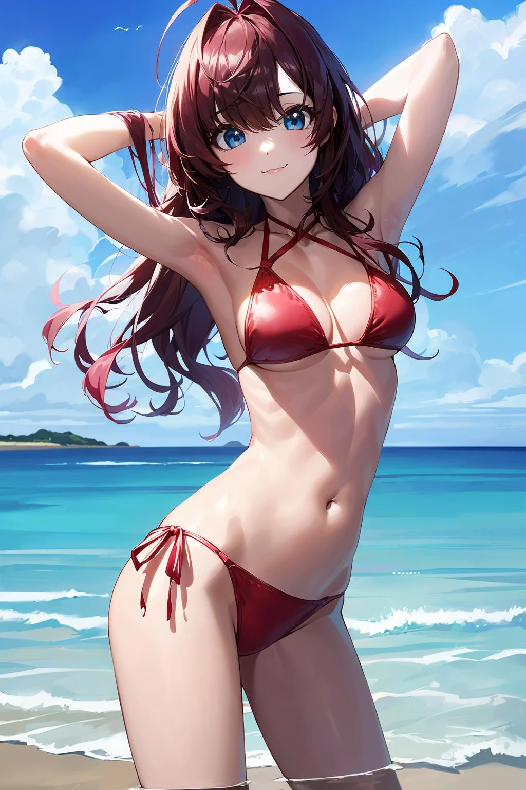(masterpiece:1.2),best quality,PIXIV,anime,who,
1girl,ichinose shiki,solo,swimsuit,bikini,breasts,red bikini,long hair,blue eyes,day,side-tie bikini bottom,sky,outdoors,navel,ocean,brown hair,looking at viewer,ahoge,smile,string bikini,cloud,medium breasts,armpits,wavy hair,blue sky,beach,arms up,halterneck,cowboy shot,cleavage,bangs,arms behind head,contrapposto,standing,:3,water,