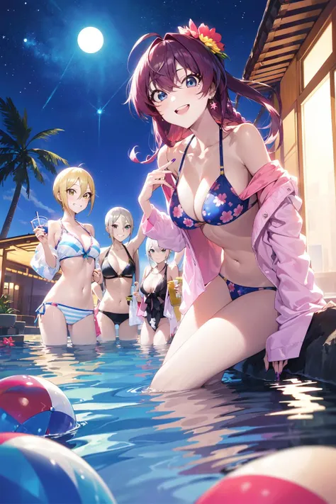 (masterpiece:1.2),best quality,PIXIV,who,
miyamoto frederica,hayami kanade,swimsuit,bikini,multiple girls,breasts,palm tree,ichinose shiki,tree,smile,night,jougasaki mika,sky,bangs,pink hair,long hair,looking at viewer,5girls,blonde hair,yellow eyes,green eyes,cup,blue eyes,flower,shiomi syuko,night sky,short hair,outdoors,parted bangs,open mouth,hair ornament,medium breasts,navel,hair flower,ahoge,hair between eyes,black bikini,water,blush,drinking glass,brown hair,jewelry,cleavage,v,blue bikini,partially submerged,bare shoulders,nail polish,wading,black hair,star (sky),ball,pool,collarbone,large breasts,holding cup,o-ring,:d,open clothes,starry sky,white bikini,standing,drinking straw,off shoulder,striped bikini,grin,floral print,wavy hair,earrings,braid,eyelashes,holding,pink nails,pink bikini,beachball,