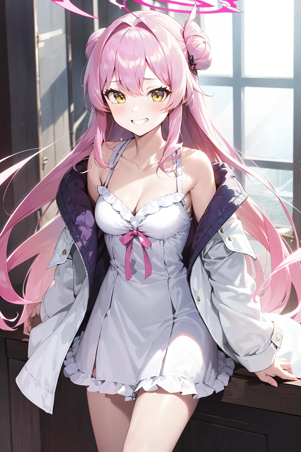 (masterpiece:1.2),best quality,PIXIV,who,
1girl,solo,smile,halo,pink hair,breasts,long hair,looking at viewer,mika (blue archive),cleavage,hair bun,single side bun,yellow eyes,bangs,dress,grin,white dress,off shoulder,cowboy shot,jacket,open clothes,indoors,wings,collarbone,bare shoulders,blush,medium breasts,long sleeves,frills,window,bow,sleeveless,sleeveless dress,open jacket,very long hair,white jacket,
