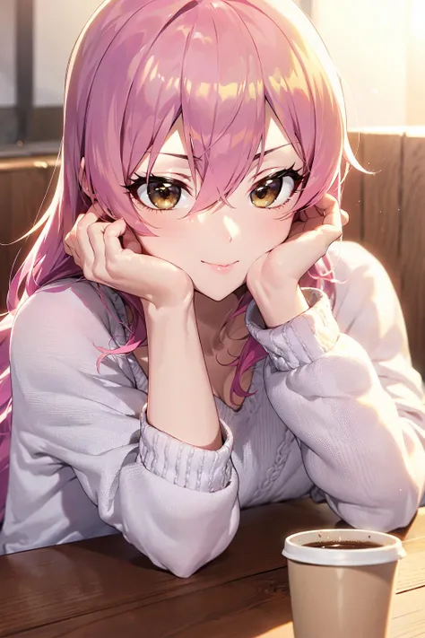 (masterpiece:1.2),best quality,PIXIV,who,
1girl, jougasaki mika, solo, pink hair, cup, looking at viewer, long hair, holding, sweater, disposable cup, hair between eyes, eyelashes, coffee cup, head rest, bangs, yellow eyes, holding cup, nail polish, upper body, pink nails, indoors, smile, white sweater, fingernails, brown eyes, blurry, closed mouth, sitting, hand on own face