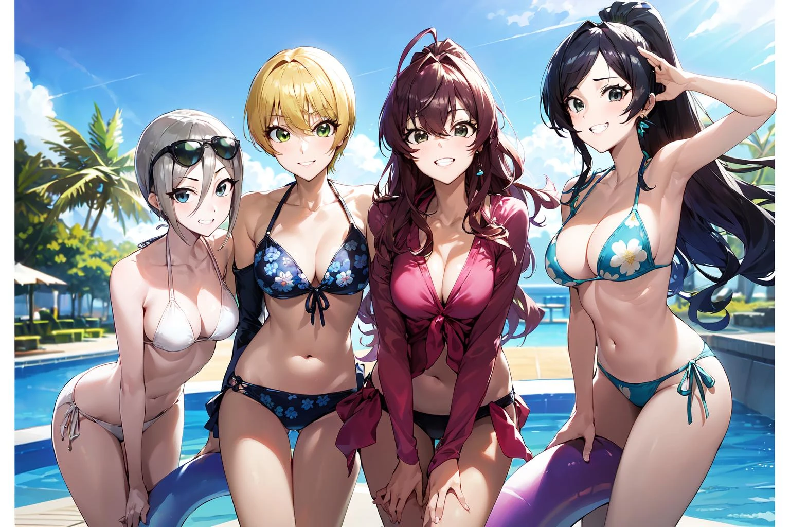 (masterpiece:1.2),best quality,PIXIV,who,
multiple girls,ichinose shiki,breasts,bikini,shiomi syuko,swimsuit,miyamoto frederica,smile,blonde hair,jougasaki mika,hayami kanade,5girls,pink hair,short hair,long hair,blue eyes,sunglasses,navel,eyewear on head,outdoors,yellow eyes,red bikini,grey hair,bangs,sky,looking at viewer,food,day,side-tie bikini bottom,medium breasts,black bikini,cleavage,green eyes,ahoge,open mouth,ponytail,wavy hair,brown hair,palm tree,tree,halterneck,black hair,jewelry,earrings,parted bangs,innertube,cloud,blue sky,blush,collarbone,black eyes,hair between eyes,large breasts,floral print,bare shoulders,white bikini,long sleeves,grin,