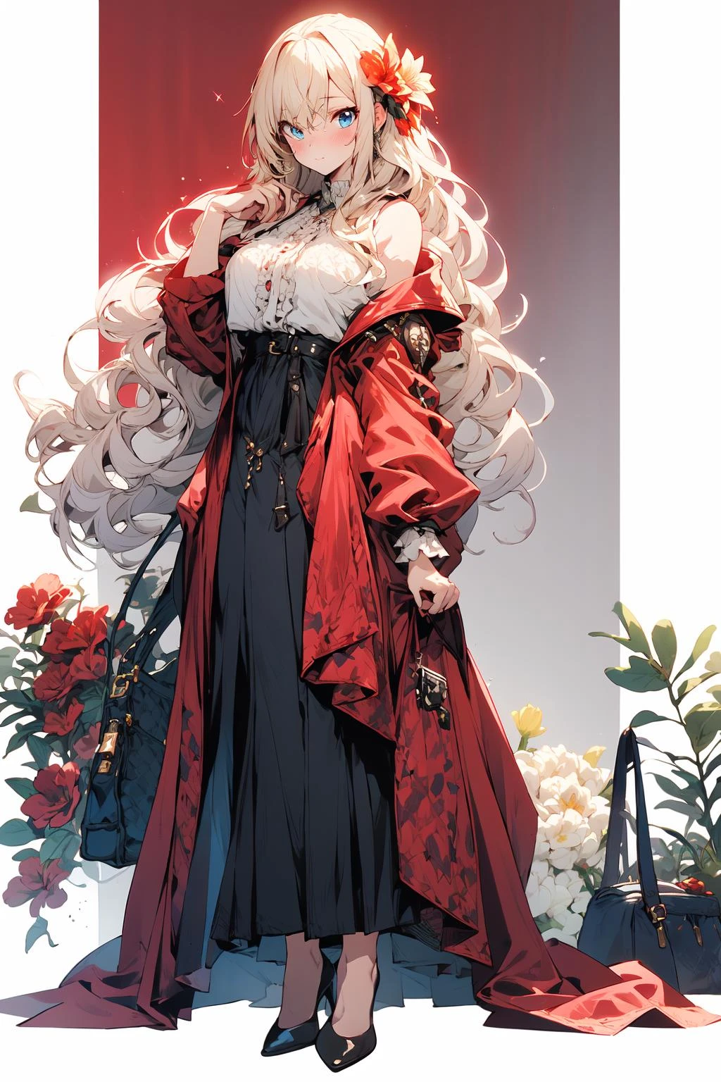 (masterpiece:1.2),best quality,game cg,
1girl,solo,long hair,blonde hair,hair ornament,holding bag,bag,high heels,dress,full body,looking at viewer,holding,simple background,blue eyes,standing,hair flower,white background,flower,bangs,black footwear,handbag,red dress,closed mouth,long sleeves,skirt,wavy hair,blush,breasts,very long hair,jewelry,hand up,floral print,frills,
<lora:fantasy_20230707233406-000012:1>,