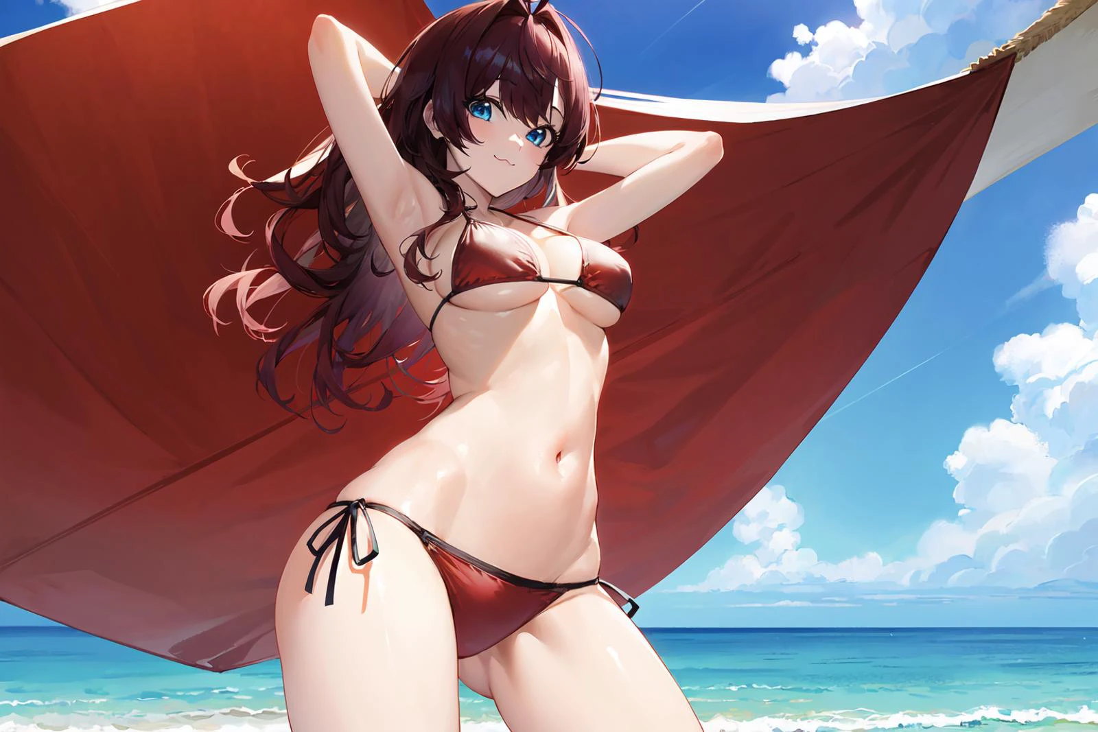 (masterpiece:1.2),best quality,PIXIV,who,
1girl, ichinose shiki, solo, swimsuit, bikini, breasts, red bikini, long hair, blue eyes, day, side-tie bikini bottom, sky, outdoors, navel, ocean, brown hair, looking at viewer, ahoge, smile, string bikini, cloud, medium breasts, armpits, wavy hair, blue sky, beach, arms up, halterneck, cowboy shot, cleavage, bangs, arms behind head, contrapposto, standing, :3, water