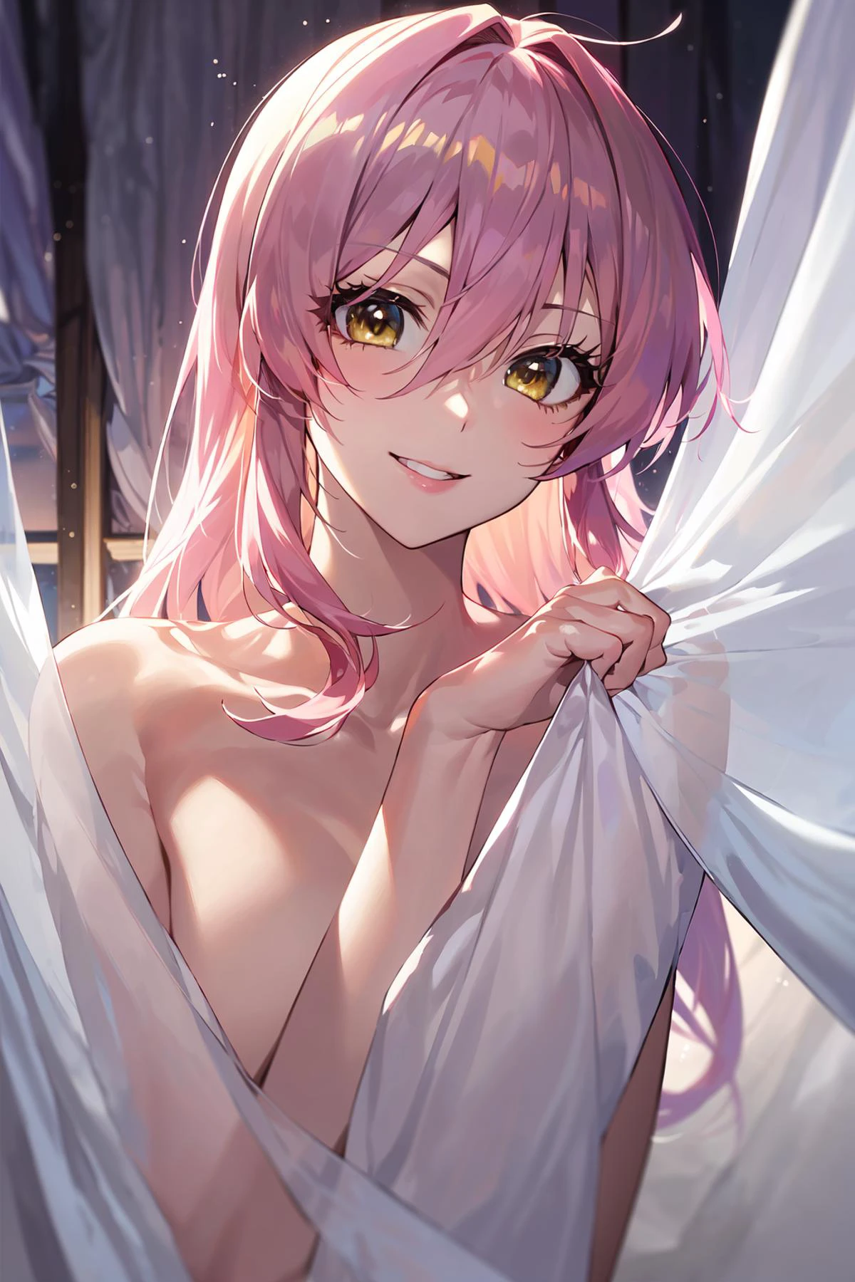 (masterpiece:1.2),best quality,PIXIV,who,
jougasaki mika, 1girl, curtain grab, pink hair, solo, looking at viewer, curtains, smile, long hair, hair between eyes, yellow eyes, nude, parted lips, bangs, upper body