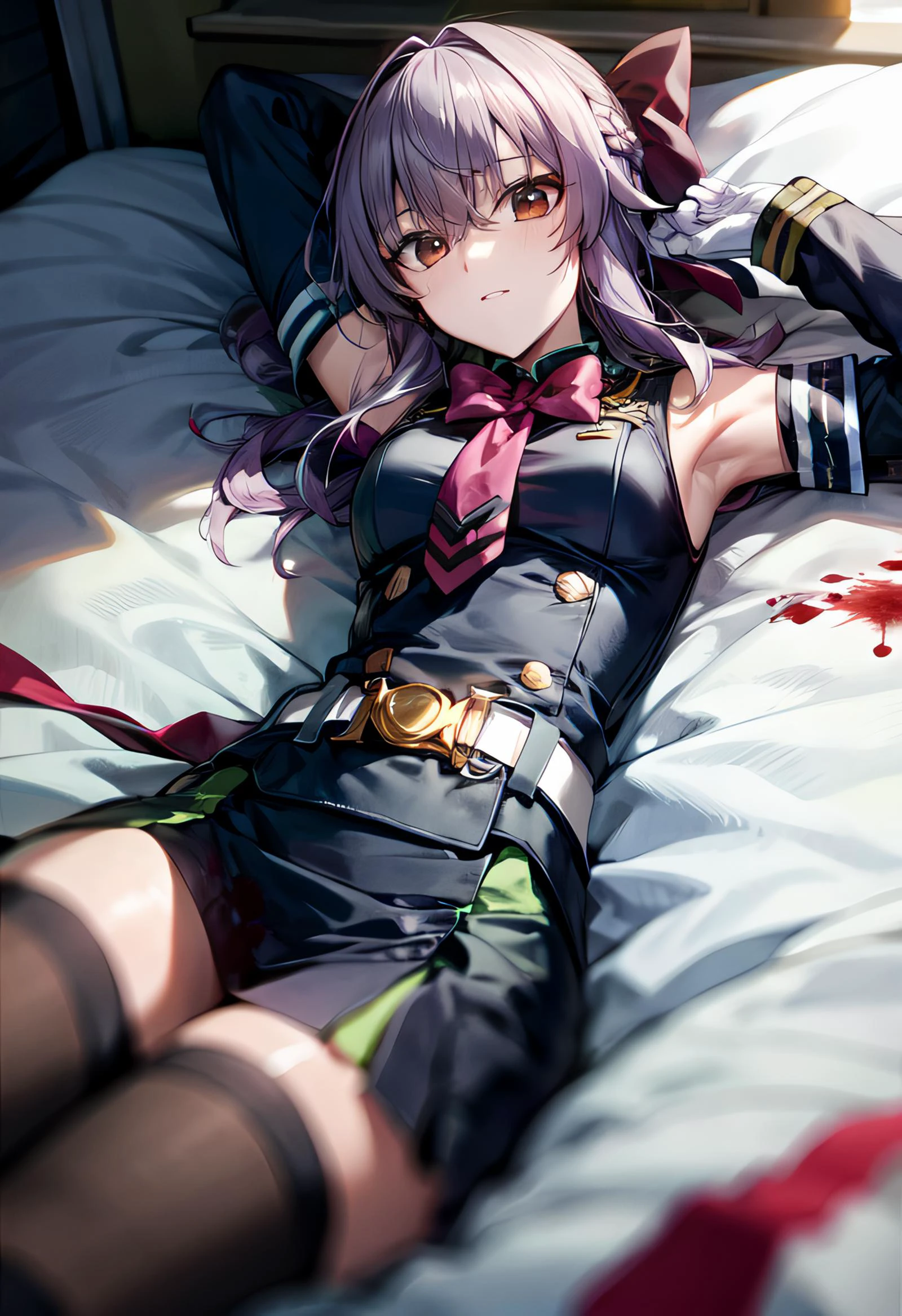 (masterpiece:1.2), best quality, PIXIV, (who:1.1), (from below,from above , arm up , armpit , (dutch angle,:1.2), full shot, lying, messy,messy body, messy hair,,carousel:1.1), (pixel-perfect, detail-perfect), (flat chest,,,down aged,long hair:-0.5), ( aged up:0.6), (20 years old:1.11), medium breasts, (blurry foreground,:0.8), outdoors, swirling,
aashinoa, hair bow,,
BREAK
military uniform, red bowtie, long sleeves, armband, white gloves, belt, black thighhighs,
BREAK
high resolution, (illustration:0.8), perfect lighting, extremely detailed CG, (perfect hands, perfect anatomy), (bokeh, sharp detail,:0.8), best quality, woman, (plump:0.8), narrow waist, dim lighting, dim,, perspective, mature female, solo, 1girl, solo_focus, ( messy hair,:1.1), ( skinny), (blood on clothes, blood splatter, blood on face, :1.1), fighting, messy, masked <lora:hiiragi_shinoa_v1:0.7> <lora:more_details:0.4>