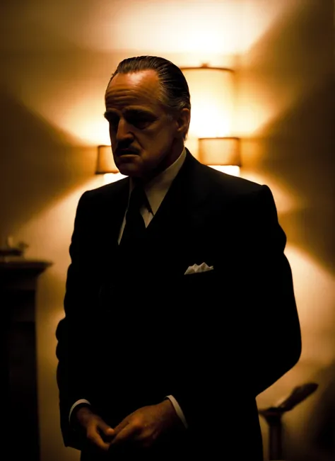 from the Godfather <lora:the_godfather_offset:1>, (masterpiece), (extremely intricate:1.3), (realistic), mafia boss, dimly lit, cinematic, the godfather