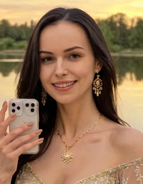 Amidst the tranquil waters and golden light, Jana stands alone as an epitome of elegance with her long black hair, gracefully capturing a solo selfie showcasing her natural beauty adorned in exquisite jewelry, while her smile reveals perfectly manicured nails and mesmerizing brown eyes that gaze into the distance. <lora:wrljju18f9afa8e34u617:1>