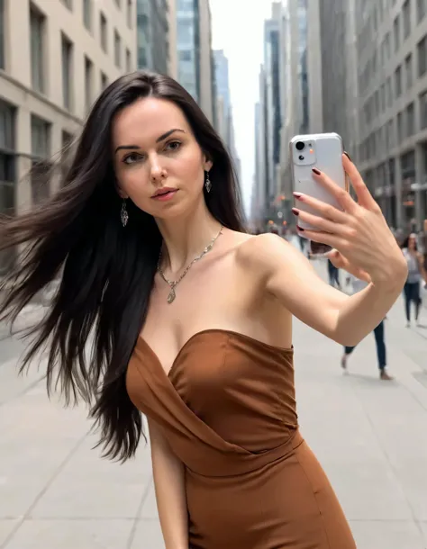 Amidst the bustling city's starkness and artistic chaos, Jana, a solo girl with black hair, took a selfie while standing tall; her brown eyes gazed unflinchingly into the lens as she confidently displayed her long hair adorned with vibrant nail polish, necklace cascading down from one shoulder, embodying a fearless spirit in her monochromatic outfit that mirrored the urban landscape's grit and grace. <lora:wrljju18f9afa8e34u617:1>