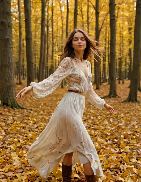 Jana, dressed in her free-spirited yet stylish bohemian-chic ensemble, wandered effortlessly through the picturesque autumn forest, with golden leaves dancing around her, as she embraced every moment while posing gracefully for an aerial shot that perfectly captured the dreamlike magic of nature's warm embrace. <lora:wrljju18f9afa8e34u617:1>