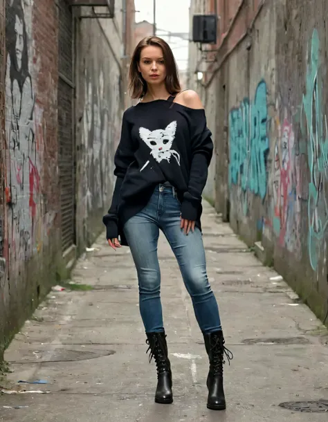 Jana, the sole woman in a scene of solitude, walked with an air of elegance through the gritty urban alleyway covered in intriguing street art, exhibiting her graceful fluidity and stylish outfit consisting of fitted jeans, a monochromatic oversized sweater over her shoulders, and laced-up boots that complimented her effortless gait while posing mysteriously with her hands in her pockets, capturing the attention of all who watched her confident stride. <lora:wrljju18f9afa8e34u617:1>