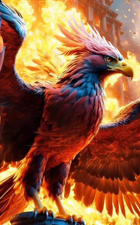 (best quality,masterpiece, intricate,ultra-detailed,realistic,RAW photo,8k uhd,ultra high res,photorealistic style,cinematic scenes, sharp focus,dramatic lighting,extremely detailed CG unity wallpaper) ,a Rosefinch over a building, fire,<lora:CL_4Guardians_XL_v1:1>