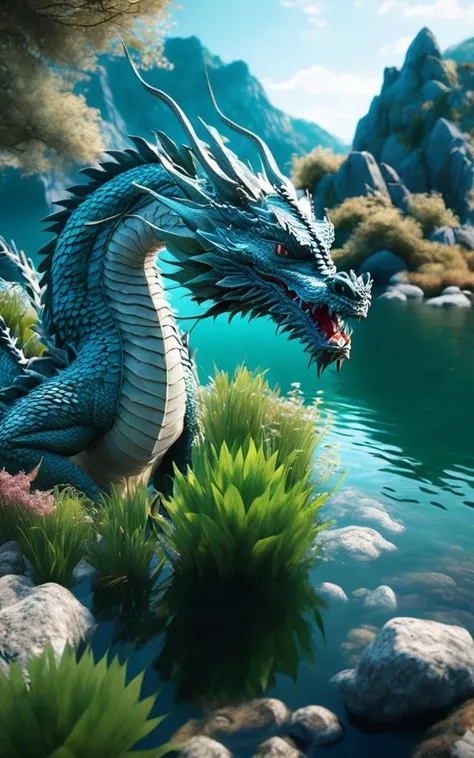 (best quality,masterpiece, intricate,ultra-detailed,realistic,RAW photo,8k uhd,ultra high res,photorealistic style,cinematic scenes, sharp focus,dramatic lighting,extremely detailed CG unity wallpaper) ,Azure_Dragon,a dragon near the lake, <lora:CL_4Guardians_XL_v1:1>