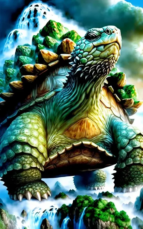 (best quality,masterpiece, intricate,ultra-detailed,realistic,RAW photo,8k uhd,ultra high res,photorealistic style,cinematic scenes, sharp focus,dramatic lighting,extremely detailed CG unity wallpaper) ,Giant_Tortoise,a giant tortoise carrying mountains with waterfalls,<lora:CL_4Guardians_XL_v1:1>