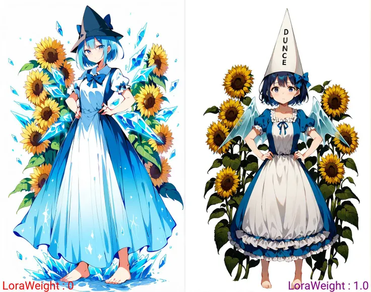 dunce,wearing dunce hat,1woman,very aesthetic,adult,sensitive,1girl, solo, short_hair, blue_eyes, simple_background, white_background, dress, bow, ribbon, blue_hair, standing, full_body, flower, short_sleeves, hair_bow, wings, barefoot, puffy_sleeves, puffy_short_sleeves, blue_dress, blue_bow, plant, hands_on_hips, ice, sunflower, ice_wings, vines