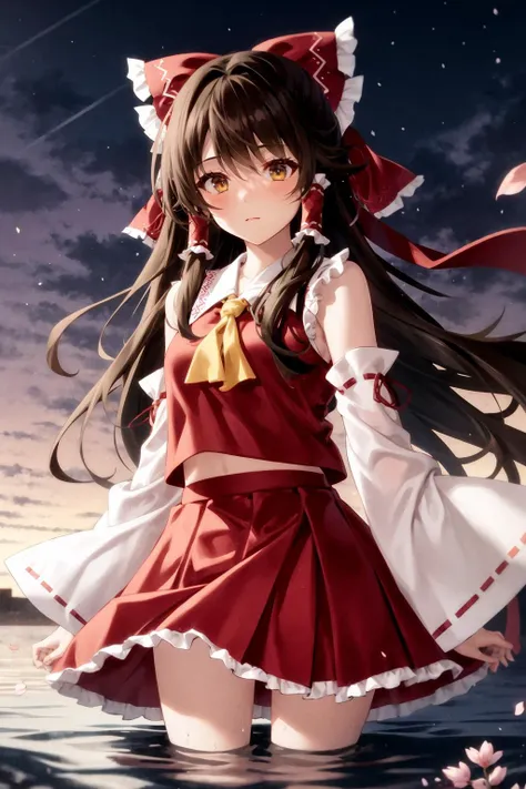 1girl, solo, bow, hakurei reimu, long hair, hair tubes, brown hair, skirt, red bow, detached sleeves, red skirt, hair bow, yellow bowtie, yellow bow, frilled bow, frills, bowtie, looking at viewer, wide sleeves, skirt hold, wading, bangs, ribbon trim, water, ribbon-trimmed sleeves, brown eyes, cherry blossoms, frilled hair tubes, sidelocks, shirt, closed mouth, night, very long hair, red vest, sky, long sleeves, red shirt, vest, bare shoulders, frilled skirt, petals, outdoors, blush, white sleeves, nontraditional miko