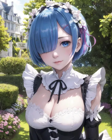 masterpiece, best quality, ultra-detailed, illustration, epic lighting, cinematic composition, colorful, sharp:1.3, 1girl, rem_re_zero, medium breasts, blue hair, short hair, (hair over one eye:1.3), eyes_visible_through_hair, blue eyes, roswaal_mansion_maid_uniform, apron, white thighhighs, garter straps, standing, upper body, outdoors, mansion, summer, garden, flowers, trees, grass, bushes, sunlight, (extremely detailed CG:1.2), (8k:1.1),<lora:remReZero_v10:0.5>