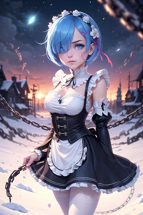 ((best quality)), ((masterpiece)), illustration, (detailed), [(white background:1.5)::5], isometric, 1girl, solo, <lora:remReZero_v10:0.5> rem_\(re_zero\), cute, lustrous skin, enchanting gaze, captivating pose, blue hair, short hair, (hair over one eye:1.3), blue eyes, roswaal mansion maid uniform, apron, (white pantyhose:1.2), walking:1.1, cowboy shot, looking at viewer, arms at sides,(revenge, vengeance hate, anger, bloodthirsty:1.1), death, destruction, epic, cinematic, dramatic, reflective, shining, holding chains, flowing chains, evening, clear sky, outdoors, winter, falling snow, ice crystals, magic, particle effects, Tindal effect, (Balance and coordination between all things), fantasy, (high-resolution:1.2)  <lora:maplestoryStyle_v30:0.3>