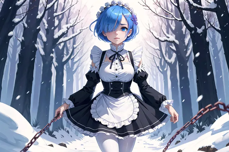 masterpiece, best quality, ultra-detailed, illustration, [(white background:1.5)::5], isometric, 1girl, solo, <lora:remReZero_v10:0.5> rem_\(re:zero\), cute, enchanting gaze, captivating pose, blue hair, short hair, (hair over one eye:1.3), blue eyes, roswaal mansion maid uniform, apron, (white pantyhose:1.2), walking, cowboy shot, looking at viewer, revenge, hate, anger, bloodthirsty, purple aura, holding chains, outdoors, winter, falling snow, ice crystals, magic, particle effects, Tindal effect, fantasy, nature, forest, (high-resolution:1.2)  <lora:maplestoryStyle_v30:0.3>