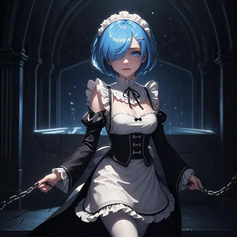 masterpiece, best quality, ultra-detailed, illustration, epic lighting, cinematic composition, (low key, dark theme:1.2), isometric, 1girl, solo, <lora:remReZero_v10:0.5> rem_\(re_zero\), cute, lustrous skin, enchanting gaze, captivating pose, blue hair, short hair, (hair over one eye:1.3), blue eyes, roswaal mansion maid uniform, apron, (white pantyhose:1.2), walking:1.1, cowboy shot, looking at viewer, arms at sides,(revenge, vengeance hate, anger, bloodthirsty:1.1), death, destruction, epic, cinematic, dramatic, reflective, shining, holding chains, flowing chains, evening, clear sky, outdoors, winter, falling snow, ice crystals, magic, particle effects, Tindal effect, (Balance and coordination between all things), fantasy,, (8k:1.1), <lora:maplestoryStyle_v30:0.3> <lora:lowra_v10:0.6>