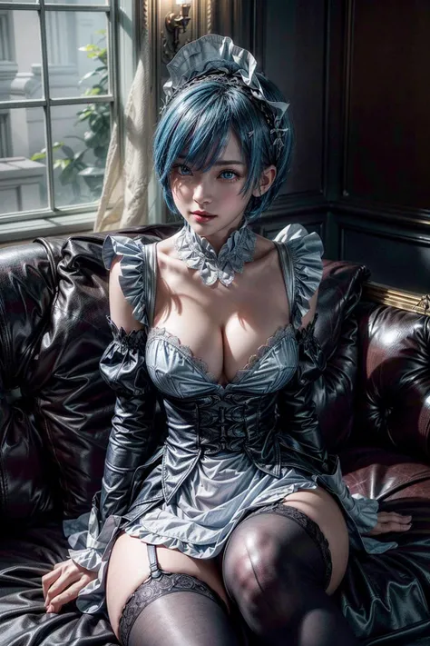 Intricate details: "((a sexy animated lady poses in revealing clothes while in fire-lit fantasy setting, firm breasts, 1girl 18 years old, animal ears, short hair, panties, black panties, underwear, cat ears, looking at viewer, thighhighs, cleavage, corset, blue hair, string panties, low angle view)"