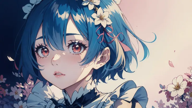 (masterpiece:1.2, best quality), (finely detailed beautiful eyes: 1.2), ((1girl)), ((solo)), (red eyes:1.4), (finely detailed eyes and detailed face:1.3), (beautiful and clear background:1.2), (extremely detailed CG, ultra-detailed, best shadow:1.1), ((depth of field)), ((watercolor)), (maid outfit:1.3), large breasts, bare shoulders, flowers and petals, beautiful concept illustration, (white background:0.5), (illustration:1.1), (extremely fine and beautiful:1.1), (perfect details:1.1), from side, cowboy shot, <lora:Rem_ReZero_v1_1:0.8>, rem_re_zero, light blue hair, short hair,